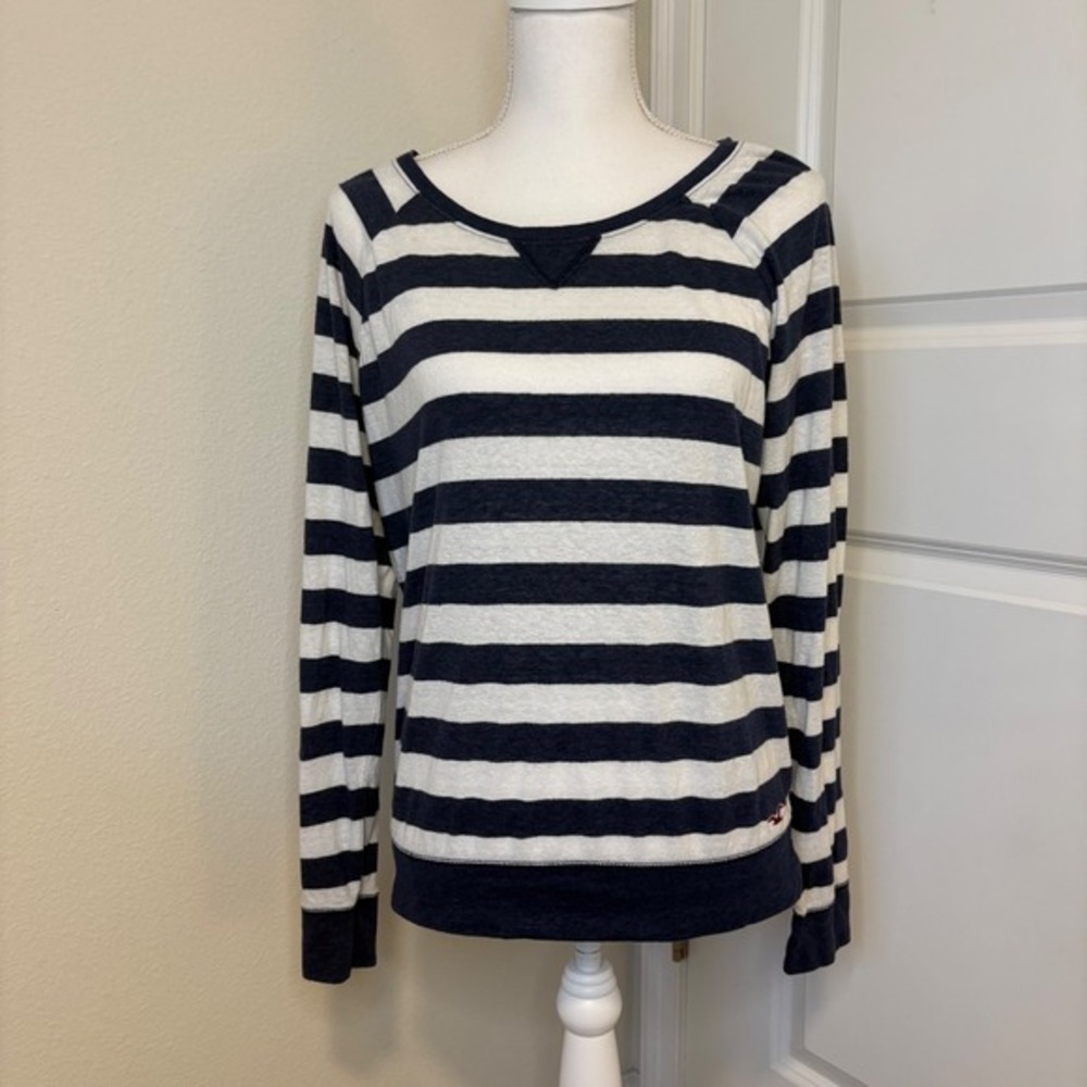 Y2K Hollister Navy Blue White Striped Raglan Long Sleeve Top Large Pullover